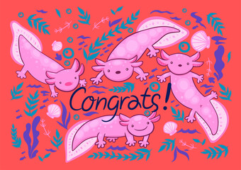 Greeting card with axolotl. Inscription Congrats. Vector graphics