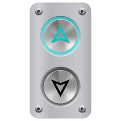 Elevator Call Buttons for Building Up and Down Each Floor, Push-Button with Arrow Symbol Displayed on Polished Stainless Steel. The Keypad has an Blue Light Displayed in the Up Position