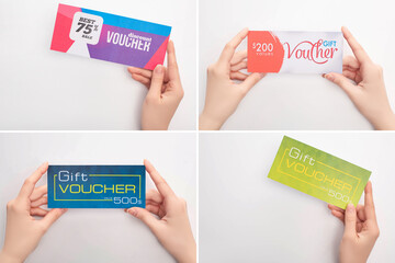 Collage of woman holding gift vouchers on white background