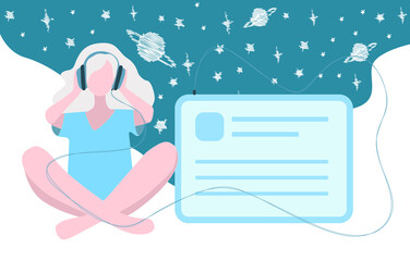Girl with a player listens to music. Girl in headphones against the background of space