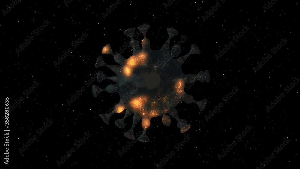 Aufkleber pandemic virus cell rotating over nebula background with light particles.