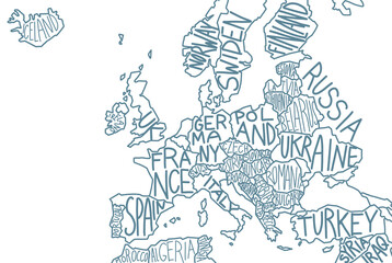 Drawn map of Europe with country names. European Union. Vector line hand-drawn sketch.