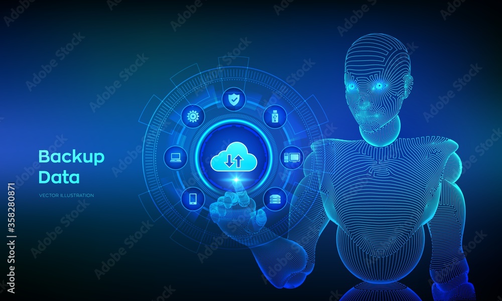 Poster backup storage data. business data online cloud backup. internet technology business concept. online