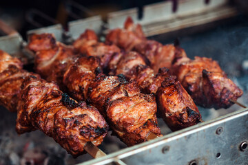 Tasty food roasting on skewers, food-court. Summer picnic. Street food festival. European fair.