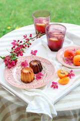 Enjoying some sweets and drinks in the garden. Colorful spring table setting with pink blooms of crab apple tree. 