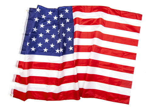 Isolated natural fabric crumpled USA flag, rag American flag top view as texture or background, high resolution picture