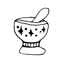 Doodle vector elements about magic mortar. Hand drawn illustration with esoteric symbols. Isolated on white backdrop.