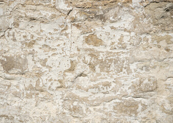 Close up of a crumbling old Clunch (soft limestone) wall with flaking lime wash.