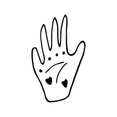 Obraz premium Cute doodle vector elements about magic and chiromancy, divination. Hand drawn hand with magical symbols. Isolated on white backdrop.