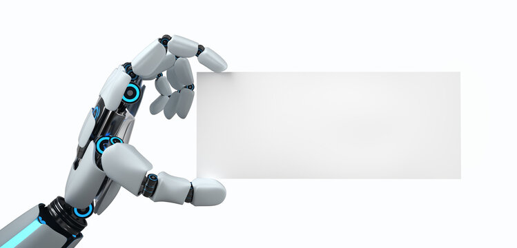 Roboter Hand mit Visitenkarte mit Textfreiraum