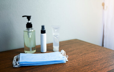 Hand sanitizer alcohol gel Antivirus protection and medical surgical masks.