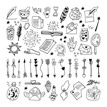 Big set doodle vector elements about esotericist. Hand drawn jars, feathers, arrows,books, sun, moon, stars and other magical symbols. Isolated on white backdrop.
