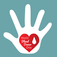 Vector isolated flat design blood donor day icon poster with hand, red heart, drop and text on blue background