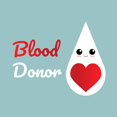 Vector flat line design cartoon drop, sticker or sign for blood donor person on blue background