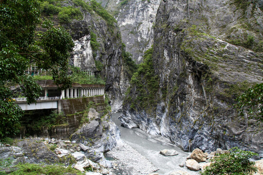 Dark river in taroko national park after rain storm in taiwan.