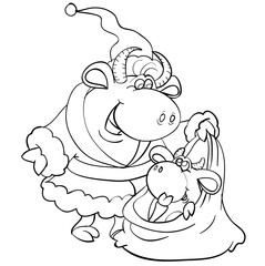 a big bull in a New Year's cap and a fur coat knitted a bag with gifts and a young calf is sitting there, cartoon illustration, sketch, coloring,  isolated object on a white background, 