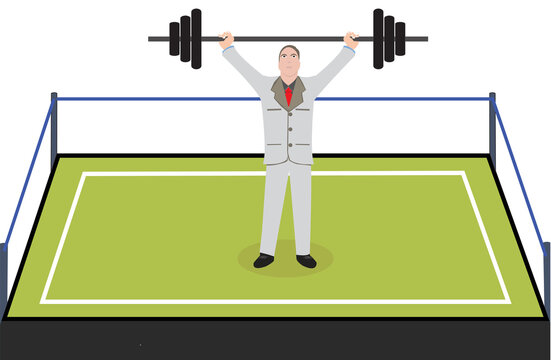 Businessman lifting weight in an arena