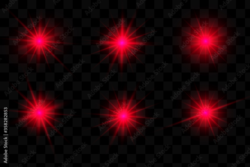 Poster shine light effects, vector red sparkles and glow with lens flares on transparent background.