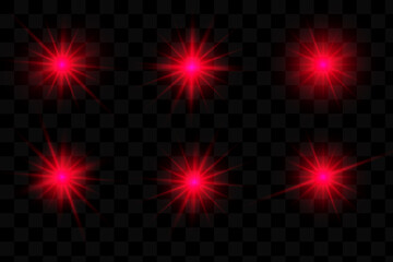 Shine light effects, vector red sparkles and glow with lens flares on transparent background.
