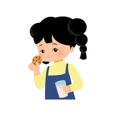 A girl eating biscuit and milk. Healthy Concepts and Growth in children Nutrition. Flat vector isolated on white background.