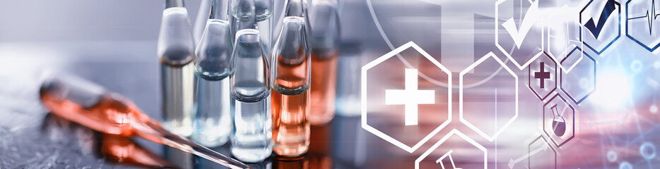 Test tubes with drugs and tests to test the victims and treat the infected. Ampoules with medicines. Set of test tubes with medicine.