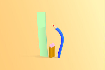 Ruler eraser and pencil, fun stationery image, simple vector illustration
