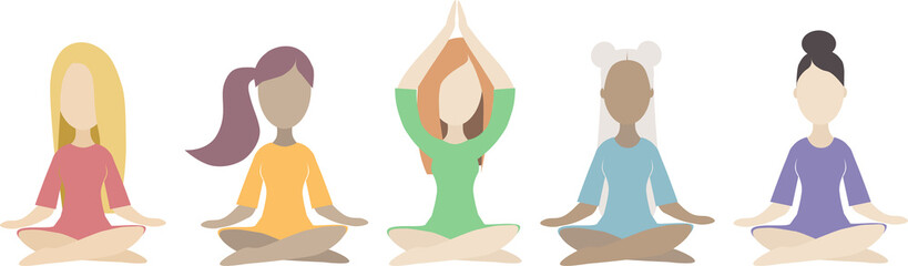 Vector set of different women doing yoga in lotus position, flat design, isolated icons
