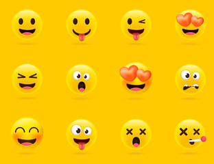 Cartoon emoji collection. Set of emoticons with different mood. 3d style vector illustration isolated on yellow background.