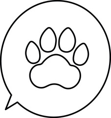 Vector linear icon of speech bubble with paw symbol inside, isolated on white background