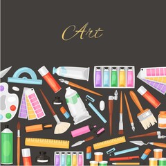 Set paints, brushes, art objects black background, exciting hobby for creating artwork, design, cartoon style vector illustration. Tubes watercolors work, education and craftsmanship pencil drawings,