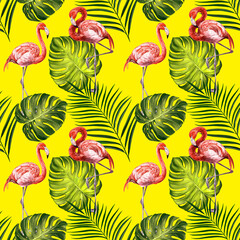 flamingos with tropical leaves, Beautiful seamless floral summer pattern background, textures, textile, art illustration painted with watercolors