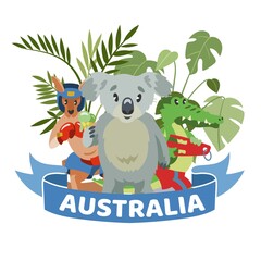 Ribbon words Australia, colorful banner, animals wildlife Australian continent, design, cartoon style vector illustration. National nature park, kangaroo native habitat, koalas isolated on white