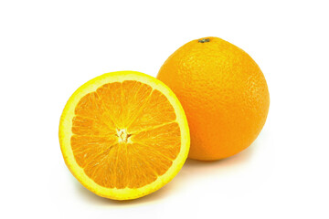Orange fruit with orange slices isolated on the white background.