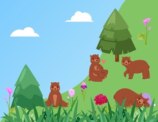 Fototapeta premium Banner, bears in forest, green grass in nature, landscape, wildlife, natural habitat, design, cartoon style vector illustration. National park tall trees and attractive, brownish grizzly bears.