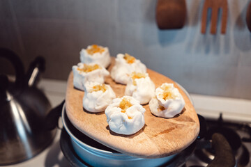 Dumplings with vegetable stuffing and soy sauce with garlic