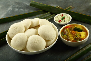 Homemade delicious vegetarian breakfast- Idly,sambar with coconut chutney