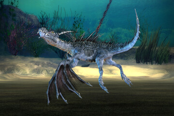 3D rendered Giant Fantasy Sea Dragon on Underwater Landscape - 3D Illustration