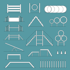 Vector big set of flat line icons, agility sport equipment and items for dog training, isolated on blue background
