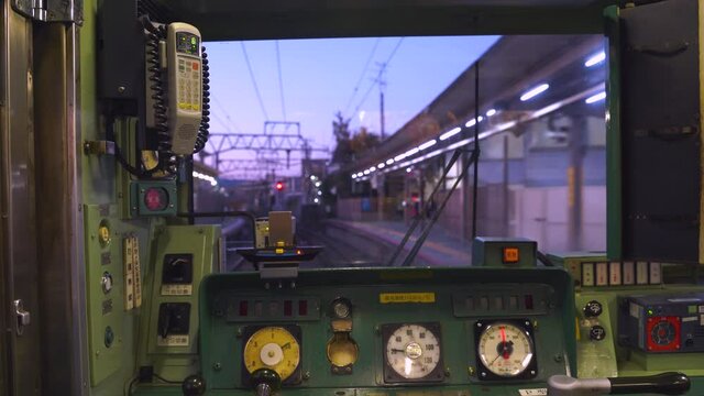 Control panel systems of a JR Driver's Coach in vintage train, rear view in 4k