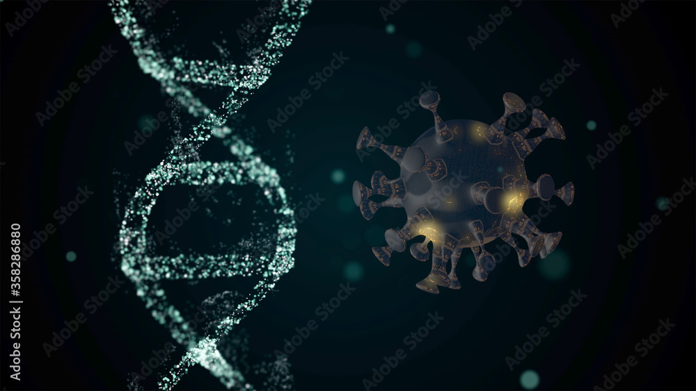 Poster 3d animation of rotating dna strand surrounded and attacked by alien cells.