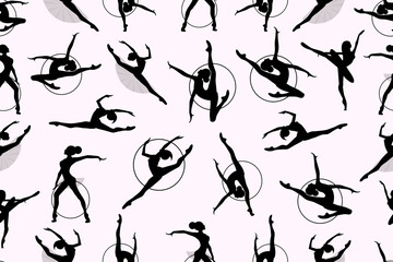 Pattern of girl rhythmic gymnastics with hoops and  ballet dancers vector illustration. Women Acrobatic Gymnastics, flat.