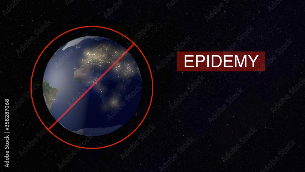 Poster 3d rendering of globe rotating with virus stop sign in red.