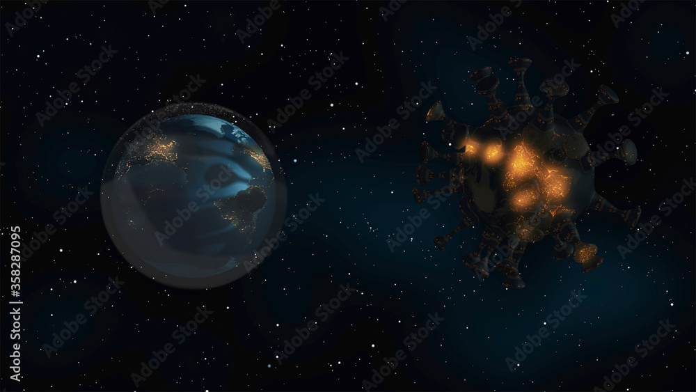 Poster 3d rendering of globe rotating in virus pandemic space.