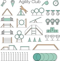 Vector big set of colorful flat icons, agility sport equipment and items for dog training, isolated on white background