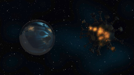 3D rendering of globe rotating in virus pandemic space.