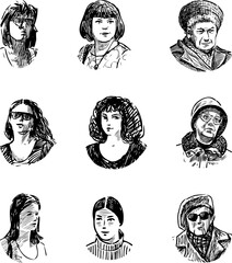 Vector sketches of faces of women different ages