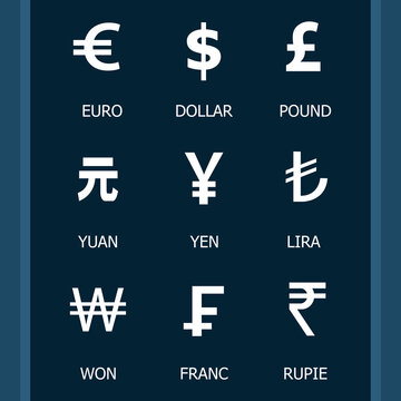 Money symbols, currency and crypto currency collection. World money icon vector pictograms of Euro, Dollars, Pounds, Yuan, Yen, Lira, Won, Franc, Rupie.