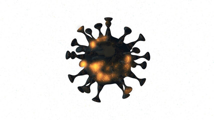 Pandemic virus cell rotating and glowing over white background with copyspace.