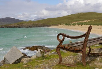 A broken seat overlooking the beautiful Horgabost beach on the Isle of Harris, Western Isles, Scotland.