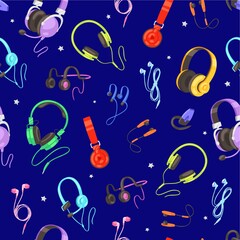 modern seamless pattern with headphone, audio equipment listening to music, new technologies, cartoon style vector illustration. Good volume stereo speakers, DJ entertainment, designer mobile headset.